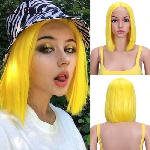 Noble Cosplay Synthetic Lace Wig Cosplay Wig Short Bob Straight 12" Color Yellow Lace Wig Ombre Blonde Wig For Black Women Wig