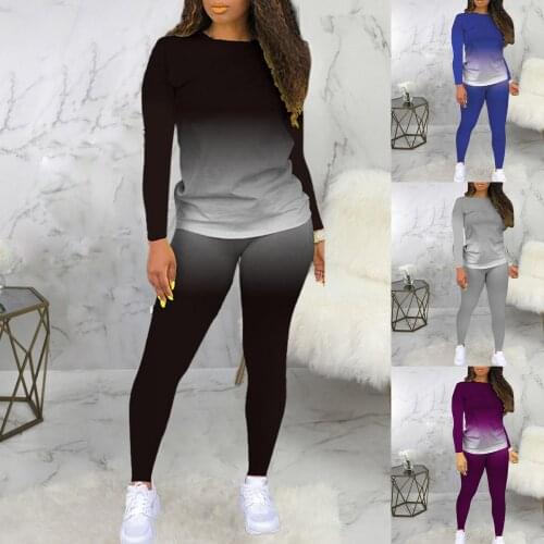 Women Gradient O Neck Long Sleeve Elastic Blouse Top Pants Pajamas Sleepwear Set