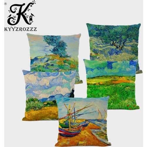 Van Gogh Oil Painting Style Plant Cushion Cover 45x45cm Linen Oil Painting Scenery Sofa Sofa Pillowcase Family Holiday Gift