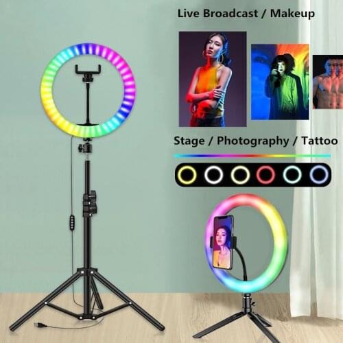 Dimmable Ligh tRGB Selfie LED Ring Light Camera Photography Makeup Lamp With Phone Clip Tripod Stand For TikTok Youtube Video