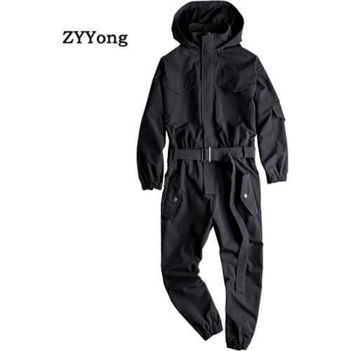 Summer Men Jumpsuit Hooded Long Sleeve Multi-Pocket Beam Feet Overalls Streetwear Clothing Cargo Pants Hip Hop Black Trousers