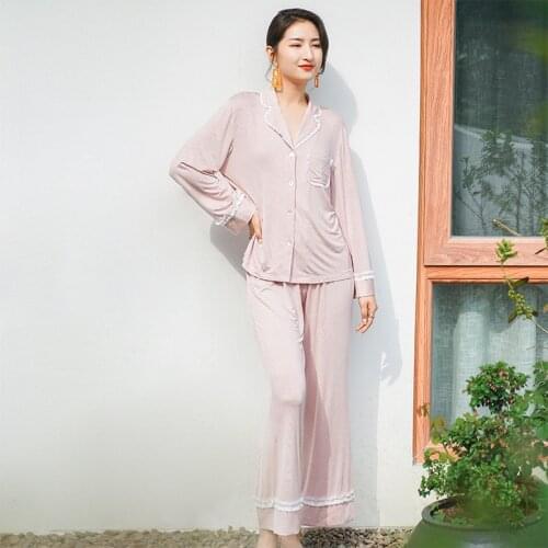 Summer Women Pajamas Long Sleeve Sleepwear Modal Lovely Lace Lounge Wear Solid Lapel Two Piece Pijamas Sets Loose Home Clothes