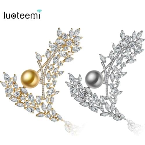 LUOTEEMI Gold Wheat Ears Women Brooches Imitation Pearl Jewelry Brooch Pin High Quality Cubic Zirconia Summer New Arrival Friend
