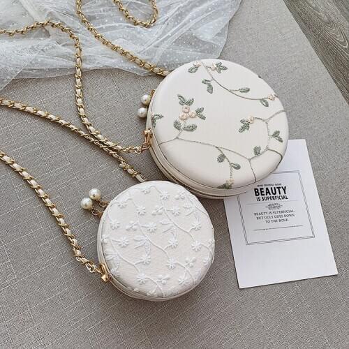 Sweet Lady Embroidery Round Bag 2020 Fashion New Quality PU Leather Women Handbag Pearl Chain Shoulder Messenger Bags