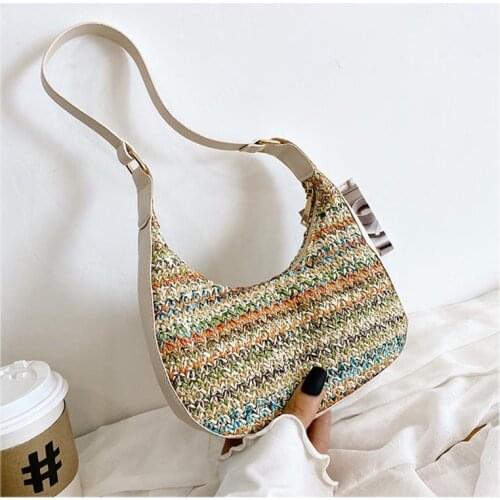 Fashion Summer Woven Beach Handbags Womens Armpit Bag Vintage Ladies Straw Woven Shoulder Bag PU Leather Chain Messenger Bags