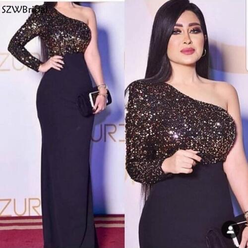 New Arrival One shoulder Muslim evening dress abendkleider 2021 Crystals Beading Long sleeve evening dresses Sexy evening gowns