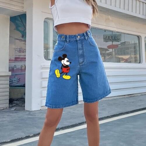 Disney Mickey Mouse Donald Duck Stitch New Fashion Pants Ladies Mid Rise Loose Five point jeans shorts women 2021