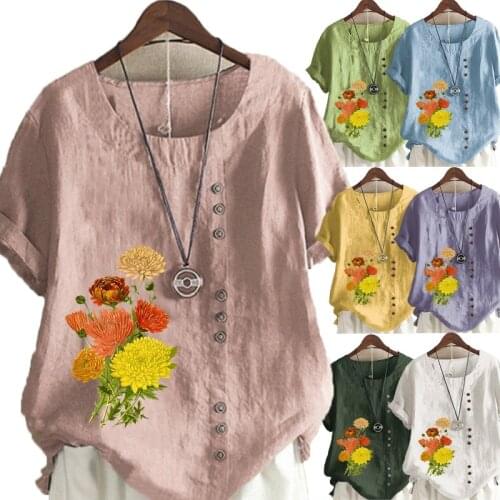 New Women Summer Casual Floral Print Loose T-shirts Vintage Round Neck Plus Size Short Sleeve Blouse Tops S-5XL