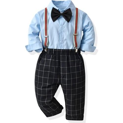 Autumn Baby Boys Clothes Suit Long Sleeve Bowtie Shirt+ Suspender Trousers Sets 4Pcs Toddler Kids Boys Gentleman Party Costume