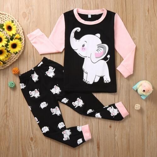 Newborn Baby Kids Boys Girls Long Sleeve cartoon elephant Printed Tops+pants home service Pajamas Outfit Set L1129