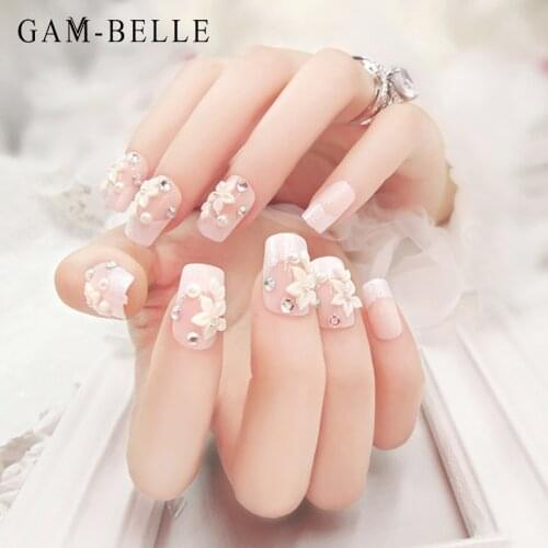 GAM-BELLE Detachable Long Fake Nails 3D White Flower Full Cover Artificial Press On Nails Luxury Wedding Nail Art Decoration