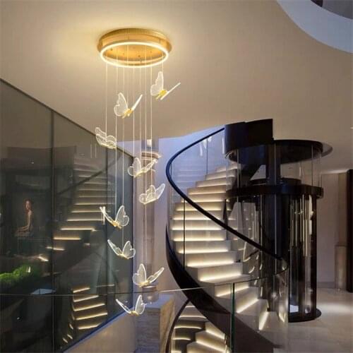 New Modern Deluxe Stair Chandelier Acrylic Butterfly Shape Duplex Living Room Dining Art LED Gold Stair Chandelier