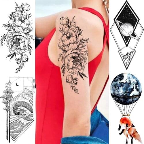 Beautiful Flower Temporary Tattoos Sticker Geometric Planets Wave Tattoos Fake Fox Waterproof Tattoos For Adult Fashion Body Art