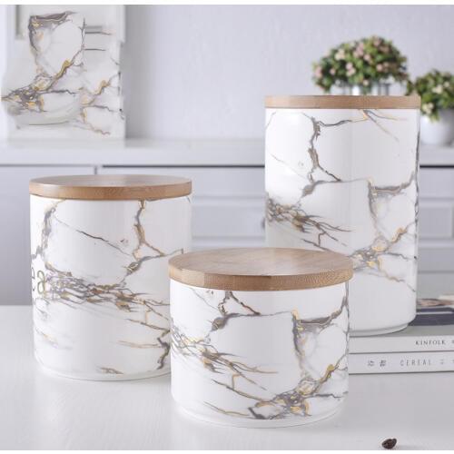 Large Size Storage Box Nordic Marble Ceramic Wooden Lid Sealed Storage Jar Fresh Storage Jar Dried Fruit Grain Tea Food Storage