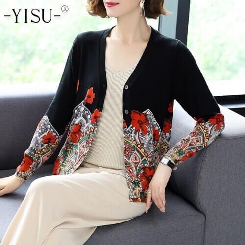 YISU 2020 Autumn Winter Casual Loose Long Sleeve V Neck Sweater Cardigan Coat Women Knitwear Printed sweater Cardigan Women