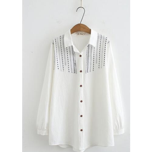 Plus Size Womens Long Sleeve Embroidery Blouse Full Button Casual Tops Officewear White Dark Blue Shirts