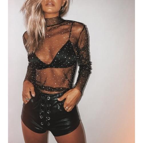 Women Summer Hot Sheer Mesh Shirt Tops Short Tops Glitter Sequin See-Through Translucent Long Sleeve O-Neck Clubwear