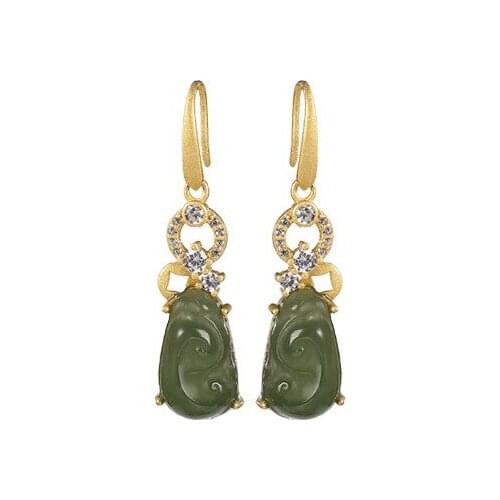 Baifuming s925 sterling silver natural Hetian jade gray jade earrings retro elegant Ruyi coin jade earrings