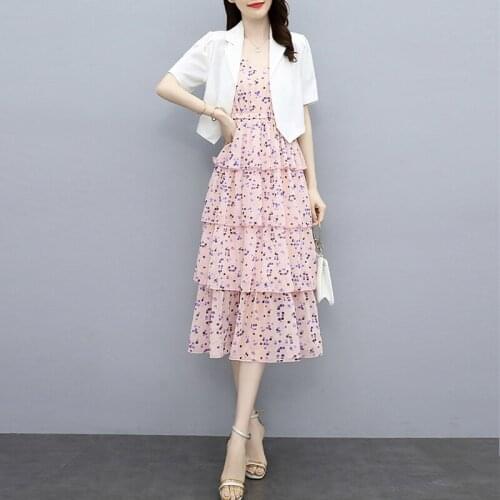 Women Summer Simple Short Sleeve Short Blazer+Wave Point Sleeveless Camisole Dress Dress Suits Tops Fashion Elegant 2 Piece Set