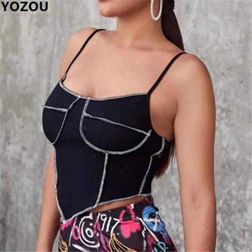 YOZOU Women Ribbed Solid Basic Crop Top Camisole Stitching Irregular Vest Elastic Triangle Hem For Female YL-497
