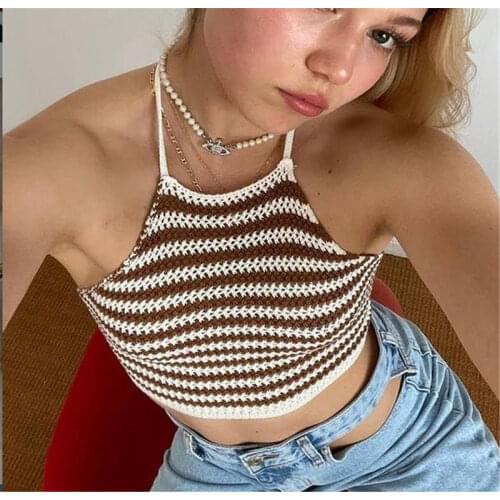 Women Halter Crop Cami Tops Sexy Sleeveless Striped Print Color Block Crochet Camisole