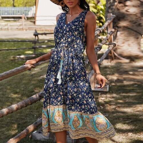 Ethnic Style Womens Fashion Casual V-Neck Collar Sling Robe Sleeveless Floral Print Lace Up Summer Beach Party Loose Dresses