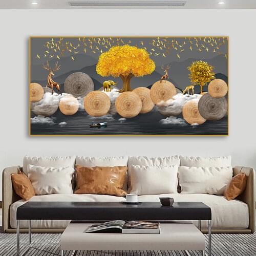 Golden Geometric Animal Canvas Painting Deer elephant and Birds Landscape Nordic Style Wall Art For Living Room Home Decoration