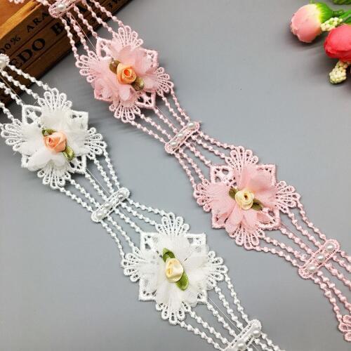 1 yard 3D Pearl Rose Flower Lace Trim Applique Trimming Ribbon Embroidered Fabric Sewing Craft Handmade Wedding Dress Decoration
