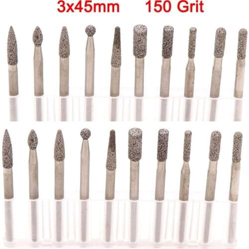 10Pcs 3MM ShankBrazed Diamond Grinding Head Carving Burrs For Metal Jade Peeled Agate Granite Stone Carving Tools 150 Mesh