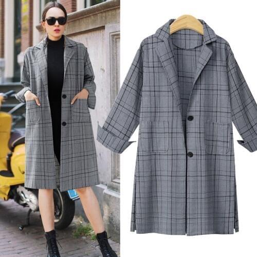 2018 Autumn Winter Plaid Long Trench Coat Women Clothes Single Breasted Pockets Turn-down Collar Windbreaker Coats