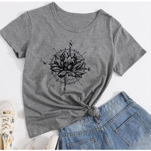 2020 Streetwear Minimalism New T Shirt Women Oversize Refreshing T-shirt Special Grey Lotus and big compass Graphic T shirt