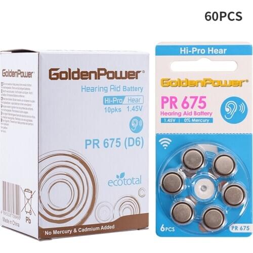60Pcs/1Box PR675 Hearing Aid Battery PR10/PR13/PR312 Batteries A10/A13/A312/A675 Hearing Aids Accessories