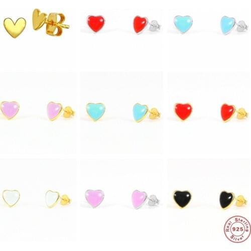 Aide 925 Sterling Silver Red Blue Purple Enamel Heart Shape Stud Earrings For Women Girls Gift Cute Tiny Candy Color Ear Studs