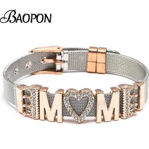 BAOPON Fashion MOM Stainless Steel Mesh Bracelets For Women Mother Heart Lock Crown Charms Bracelets Mothers Day Jewelry Gift