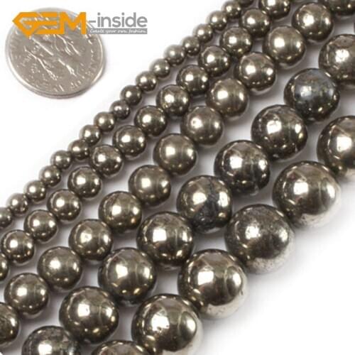 Natural Round Smooth Faceted Matte Surface Gray Pyrite Beads Natural Loose Bead For Jewelry Making Strands 15" 2mm-12mm