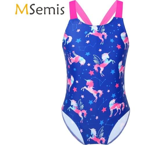 Childrens Swimwear Shoulder Straps Sapphire One-Piece Swimsuit for Little and Big Girls with Horse and Stars Pattern Printing
