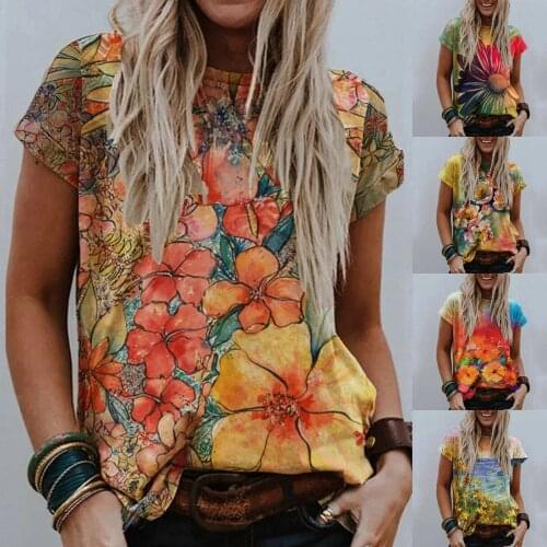 Summer T Shirt Women 2021 Summer New Loose Shirt Printed Painting Flowers Round Collar T-shirt 2021 Harajuku Tshirt CFF21010