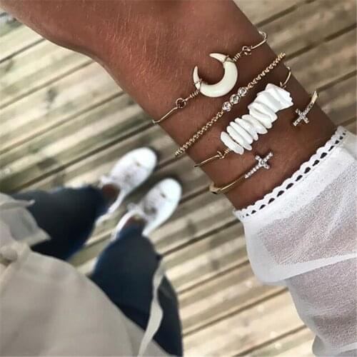 HI MAN 4 Pcs/Set Mixed Acrylic Stone Moon Zircon Geometry Cross Jesus Bracelet Women Catholic Religious Prayer Jewelry