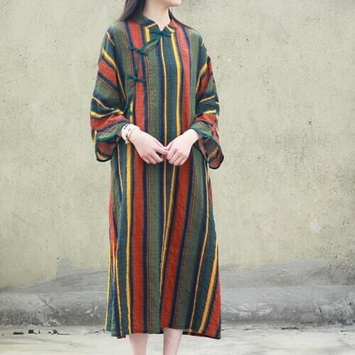 Johnature Summer Fashion Retro Plate Buckle Stand Pockets Striped Dress 2021 New Cotton Linen Comfortable Women Cheongsam Dress