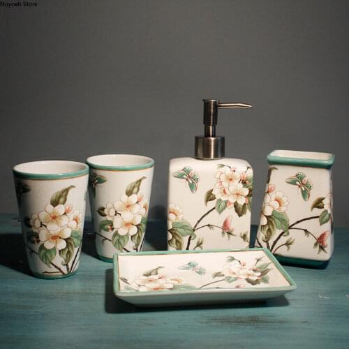 Pattern Ceramic Bathroom Kit Tray Toothbrush Holder Storage Box Lotion Bottle Soap Dish Toothbrush Cup Bathroom Decoration