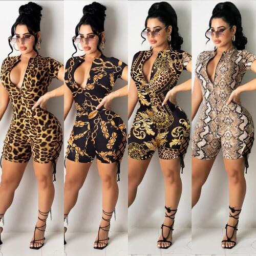 SJYing Girls Jumpsuit Short Sleeve Deep V-Neck Leopard Print Bodycon Jumpsuit Fashion Sexy Slim Rompers And Jumpsuits For Women