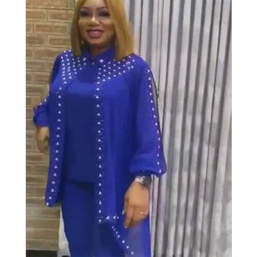 3 Piece Set African Clothes for Women Dresses Dashiki Diamond Beaded Dress Africa clothing Plus Size Bazin Famous Suit for Lady