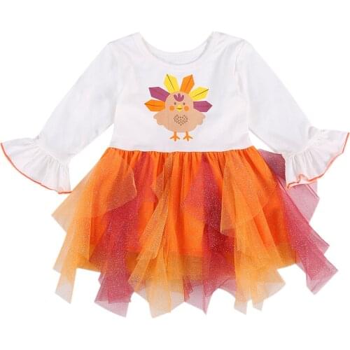 FOCUSNORM Thanksgiving Day Baby Girls Dress Turkey Print Long Flare Sleeve Lace Patchwork Tutu Dress 1-6Y