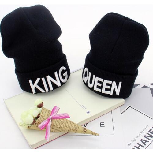 Cute Embroidery King Queen Knit Cap Winter 2019 New Elastic Knitted Hat Skullies Beanies Casual Autumn Warm Caps for Women Men