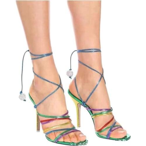 Multicolors Strappy Rhinestone Ball Lace Up Sandals Woman Gladiator Thin Straps High Heels Open Toe Party Mixed Colors Shoes