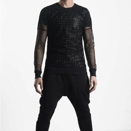 Mens Long Sleeve Fishnet Mesh T-shirt Gothic Punk Rocker Stretchy Top Tee Shirt Personalized Fashion Hollow Long Sleeve