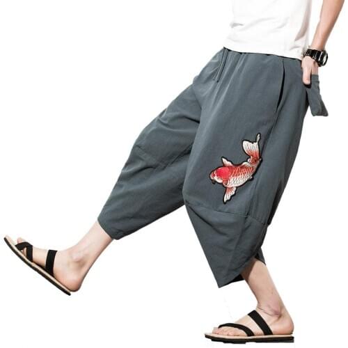 Shanghai Story Mens Elastic Waist Linen Cotton Lightweight Drawstring Tapered Trousers Causal Carp Fish Embroidery Harem Pants