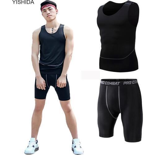 Two-piece suit men compression suit sets quick dry 2 pieces wear tracksuit mens clothing Tight-fitting Elastic fitness sweatsuit