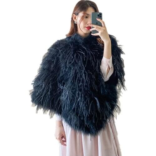 Real ostrich leather fur cape elegant collar poncho autumn winter women black fluffy Pullover Shawl C206