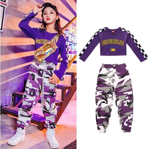 New Jazz Costumes For Girls Long Sleeves Tops Purple Camouflage Hip Hop Dance Pants Festival Performance Dance Clothing BL6940